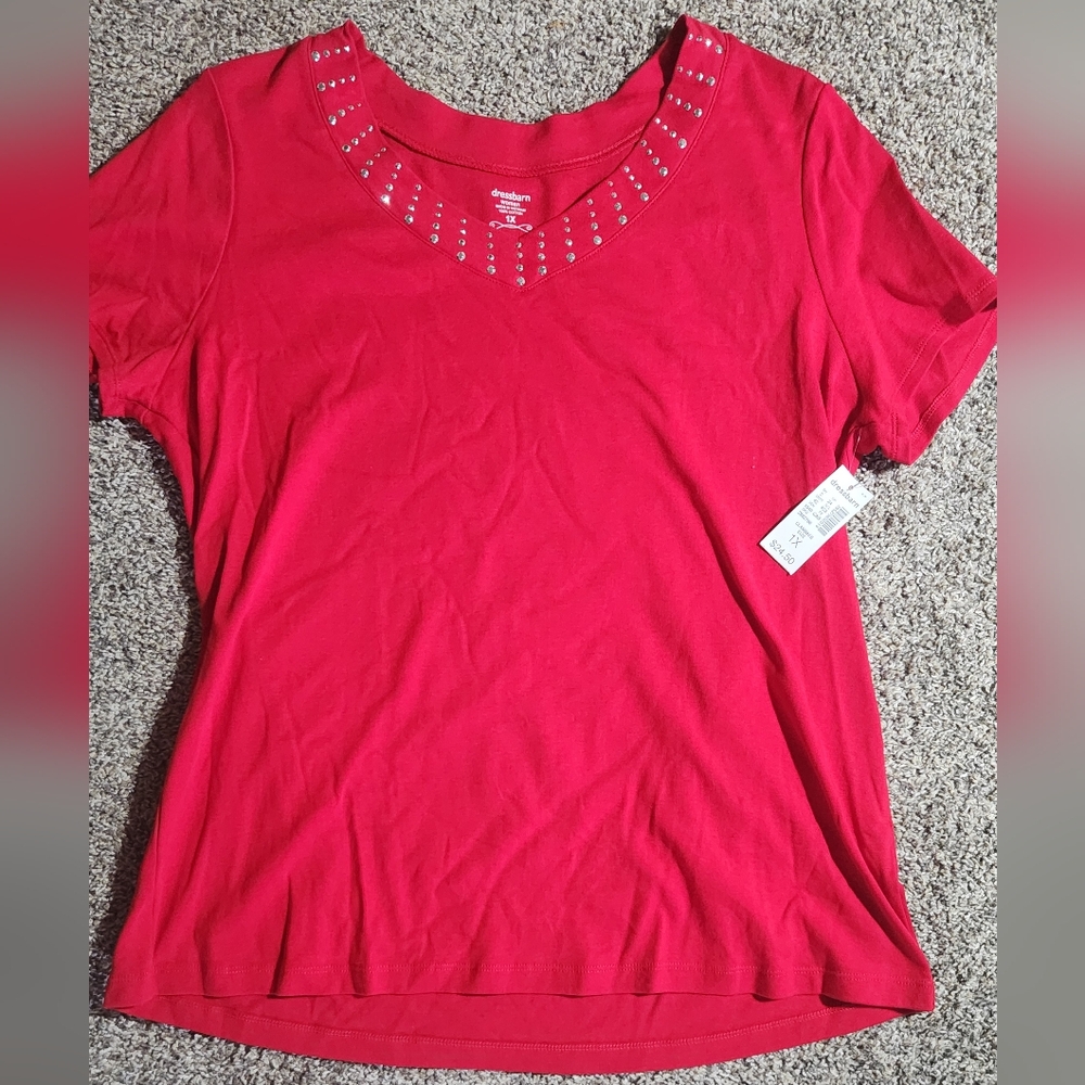 Dressbarn Red Top with Silver Accents